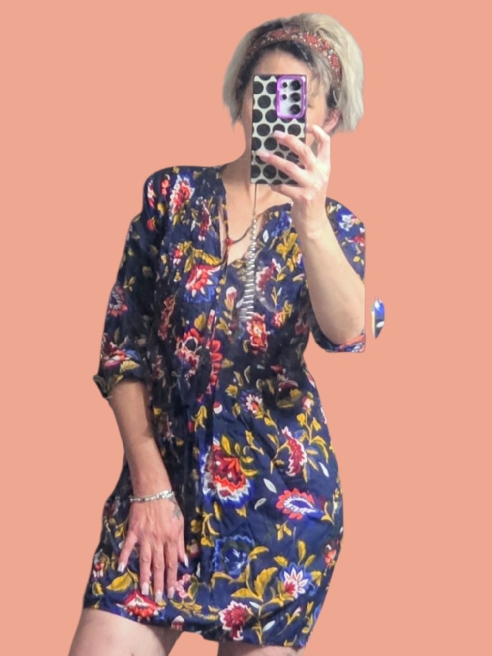 Source Unknown Navy Floral Mini Dress with Red & Yellow Accents